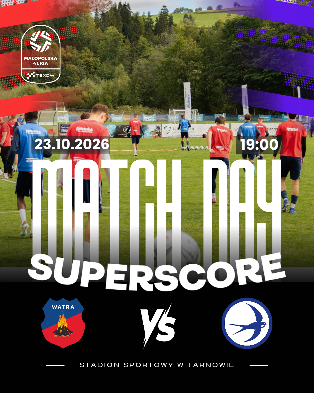 Grafika Match Day WatraTV · Unia Tarnów – Watra · 23.10.2026, godz. 19:00.